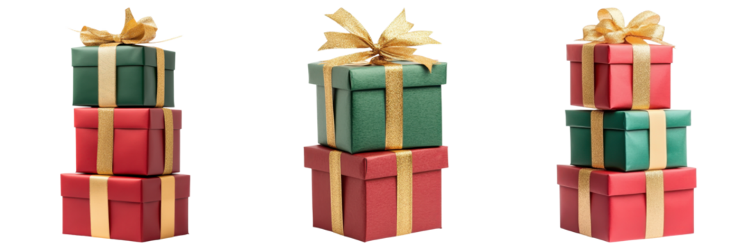 Festive stack of three gift boxes wrapped in red, green, and gold