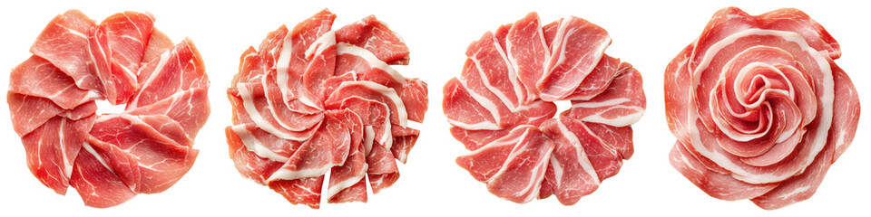 Obraz premium Thin slices of pork arranged in beautiful circular patterns, showcasing marbling