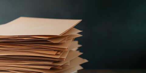 A stack of brown envelopes on a table. The envelopes are piled on top of each other, creating a sense of organization and structure. The scene conveys a feeling of order and preparedness
