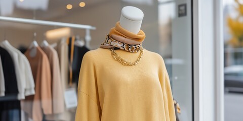 A mannequin wearing a yellow sweater and a necklace is displayed in a store window. The sweater is made of a fuzzy material and the necklace is gold