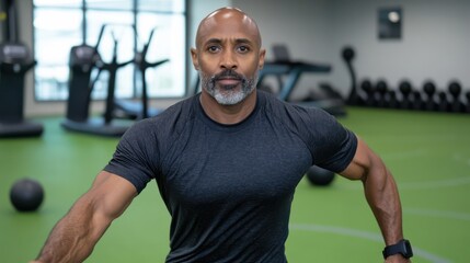 In a focused gym setting, a trainer exemplifies perfect form while exercising, emphasizing strength and technique amid fitness equipment and a vibrant ambiance.