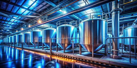 Modern Brewery: Abstract Blue-Toned Industrial Background with Steel Alcohol Tanks and Pipelines