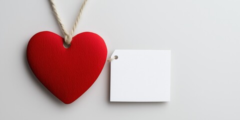 A red heart with a tag attached to it. The tag is blank. The heart is hanging from a string