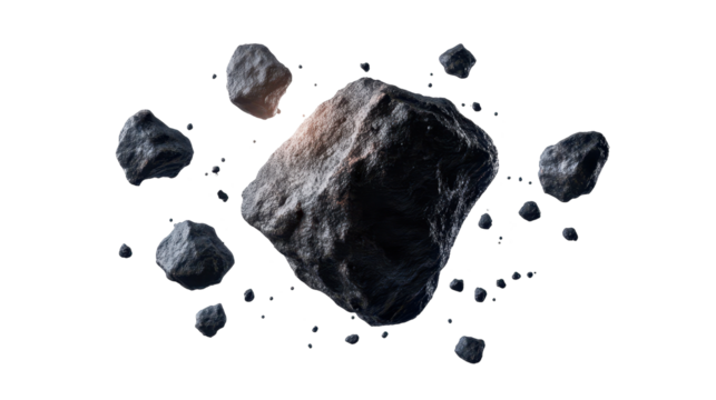 Asteroids in space, floating in zero gravity. transparent background