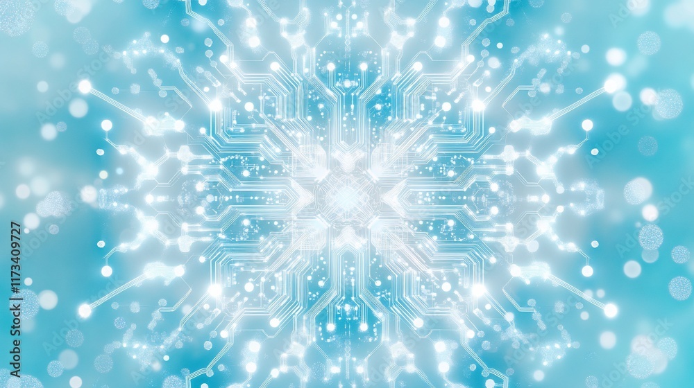 Poster Abstract snowflake design with circuit board pattern on light blue background.