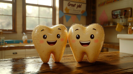 Cheerful tooth and floss characters teach kids effective flossing techniques friendly visuals and clear steps. Bright background creates fun learning environment.