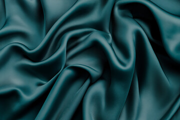 Obraz premium Dark Teal Green Satin Fabric Texture Background with Smooth and Shiny Folds, Abstract Backdrop Featuring Delicate Satin Material, Luxurious and Elegant Look. Generative Ai