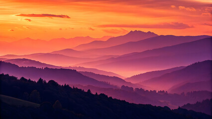 Obraz premium Majestic Sunset Over Serene Mountain Ranges with Colorful Sky