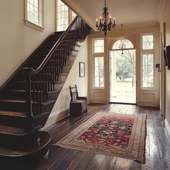 Grand wooden staircase in foyer with rug, open door to garden
