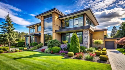 Fototapeta premium Modern Duplex Home Exterior, Landscaped Front Yard, Stylish Facade, High Depth of Field Stock Photo