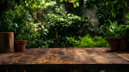 Old wooden table and bench in a garden surrounded by trees with grass and a wooden fence,  space for text or product design