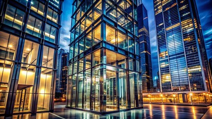 Fototapeta premium Modern Glass Elevator Tower Reflecting City Lights at Night - Architectural Photography