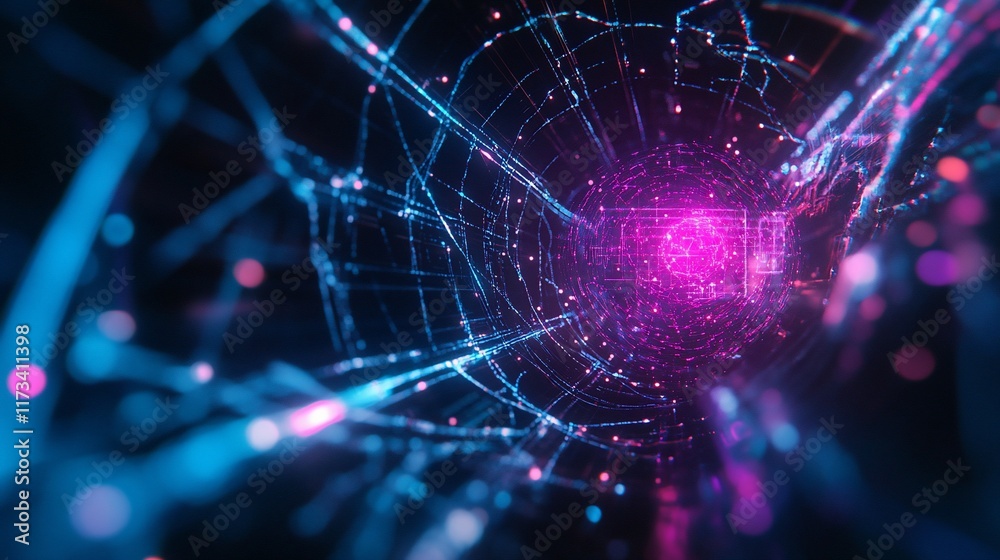 Poster Abstract digital tunnel with glowing particles and lines.