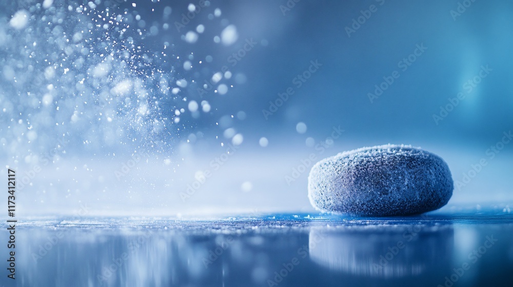 Aufkleber Frosted stone on reflective surface with blue bokeh background.