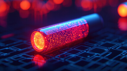 Fusion Energy and Laser Experiments Concept, glowing red capsule on dark geometric background creates striking visual