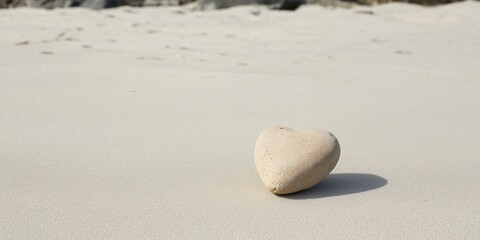 Obraz premium A heart shaped rock is laying on the sand. Concept of peace and tranquility, as the heart symbolizes love and affection. The rock's placement on the beach adds to the serene atmosphere