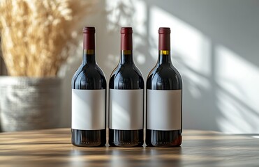 Three wine bottles with blank labels on a wooden table, bathed in sunlight.