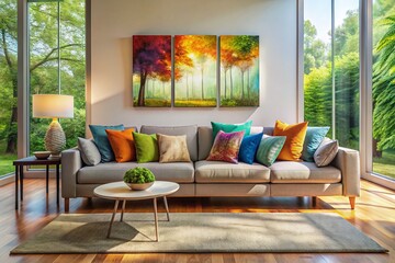 Obraz premium Modern Living Room with Stylish Sofa, Decorative Pillows & Abstract Art - Landscape Photography