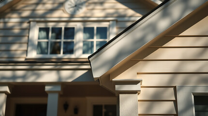 Fototapeta premium Close-up view of a light beige house exterior featuring horizontal siding, a multi-paned window, and a visible portion of a roofline and porch. Tree shadows are cast on the building's surface.