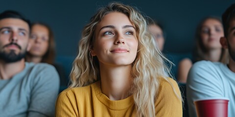 Obraz premium A woman with blonde hair is smiling at the camera. She is wearing a yellow sweater and is sitting in a theater