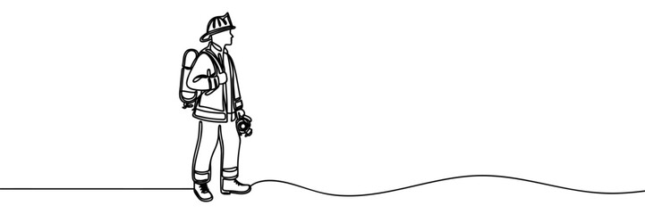 Single continuous line drawing firefighters with full uniform. Dynamic one line draw graphic design vector illustration