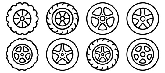 Car wheel icons set. Black wheel tires silhouette collection. Auto wheel disks.