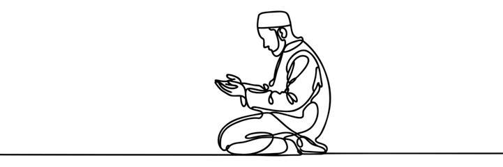 Continuous one line drawing a muslim man praying to god . Hajj and umrah concept. Single line draw design vector graphic illustration.