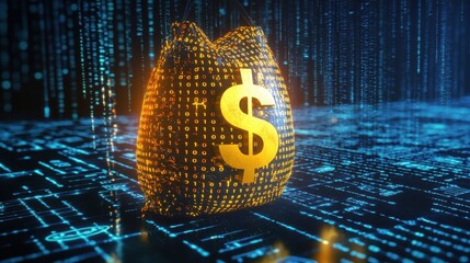 A digital money bag, glowing with binary code, hangs against a backdrop of cascading data streams.  The image evokes feelings of digital wealth and the modern financial landscape.