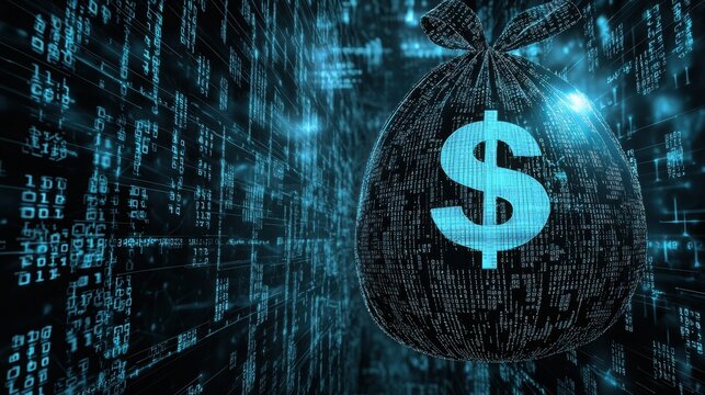 Digital money bag glowing in a futuristic binary code backdrop.  Conceptual image representing online finance, cryptocurrency, or digital assets.