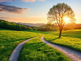 Obraz premium Wide Angle Sunset Pathway Serene and Tranquil Ultra HD Landscape