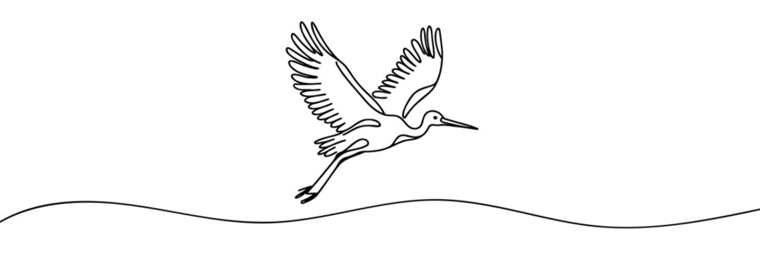 Heron stork single continuous one line out line vector art drawing on white background