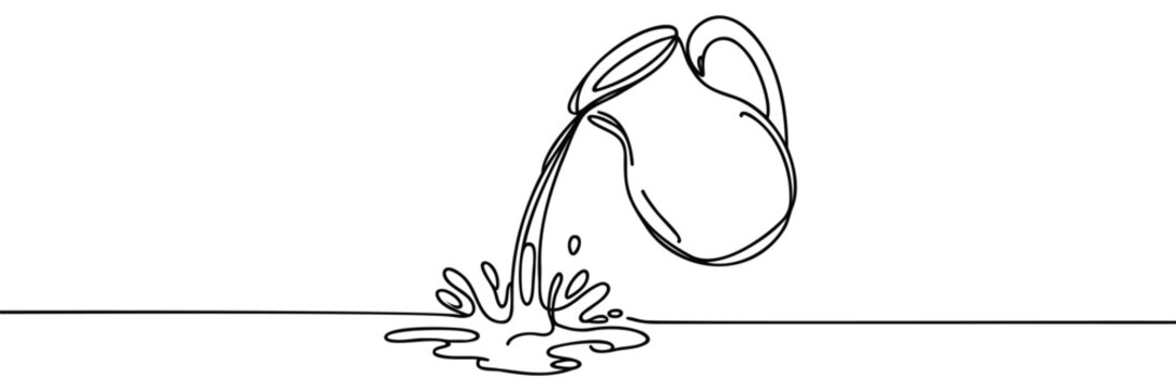 one continuous line drawing of a jug pouring water.one line drawing of water coming out of a clay jug.antique jug icon.single line vector illustration.isolated white background
