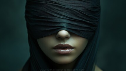 Close-up portrait of a young woman with a blindfold, her face partially hidden, creating a mysterious and alluring mood.  The dark, moody tones add to the enigmatic atmosphere.