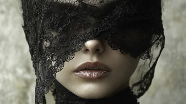 Mysterious woman veiled in delicate black lace, creating a dramatic and alluring portrait.  The dark tones and soft focus enhance the mood.