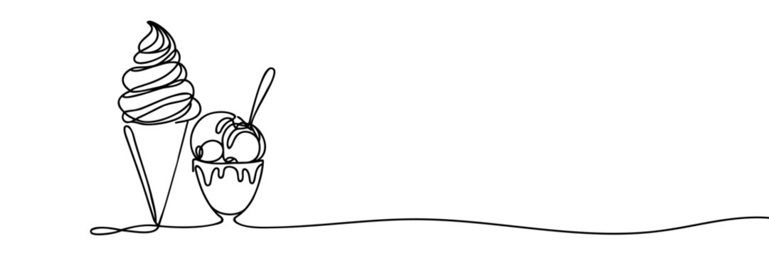 Continuous one line drawing of Ice Cream. Ice Cream Cone line art drawing vector illustration.