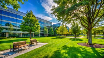 Obraz premium Modern Office Park Green Lawn Trees Bench - Stock Photo