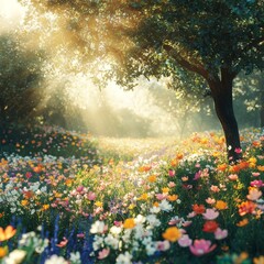 Fototapeta premium A tranquil meadow filled with colorful wildflowers under the warm glow of sunlight filtering through trees.
