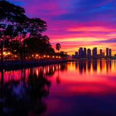 Fototapeta premium A stunning sunset paints the sky in vibrant hues, reflecting beautifully on the water, with city skyline and trees creating a serene atmosphere.