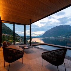 Fototapeta premium Serene Lake View Ultra HD Relaxation with Modern Architecture