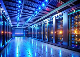 Fototapeta premium Modern Server Room Interior: Powerful Network Infrastructure and Data Center Technology