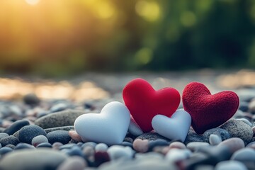 Fototapeta premium Romantic heart-shaped decorations on rocks, perfect for Valentine's Day.