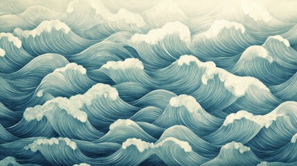 Fototapeta premium Artistic depiction of ocean waves with textured brush strokes in blue and white, creating a dynamic and abstract seascape.