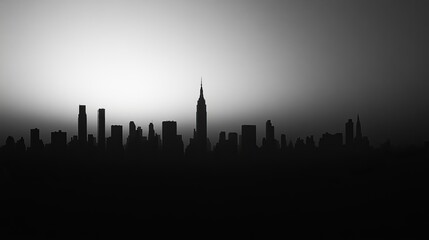 Fototapeta premium Stunning monochrome silhouette of New York City skyline at sunrise, highlighting iconic skyscrapers against a bright horizon.