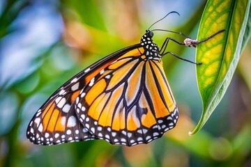 Naklejka premium Monarch Butterfly Emerging, Wings Drying, Close-Up Candid Shot