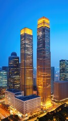 Fototapeta premium Skyscraper Lights at Dusk Urban Landscape Ultra HD Imagery Night View Copy Space Text