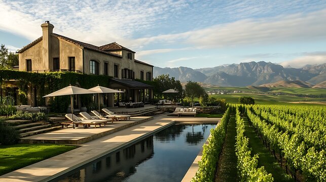 Wine Estate Hotels: Hotel on a wine estate with luxurious accommodations, vineyard views, and wine tasting experiences, providing a perfect retreat for wine lovers