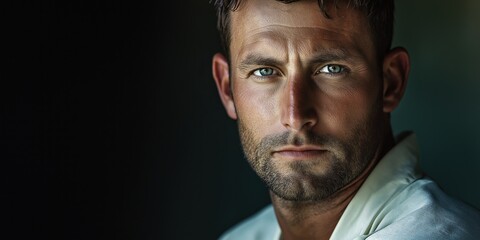 Obraz premium A man with a beard and glasses is looking at the camera. He has a serious expression on his face