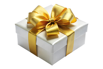 Obraz premium white gift box with golden ribbon bow isolated