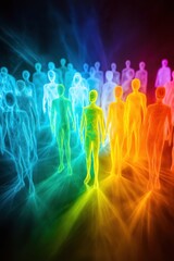 A group of people are walking in a rainbow of colors. Concept of unity and diversity, as the people are all different colors but are walking together. The bright colors of the people