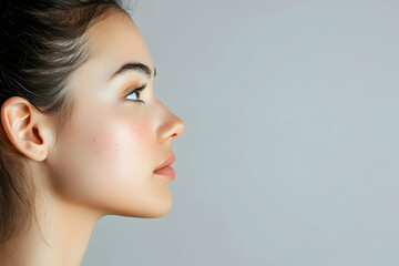 Side profile of a woman with clear, blemish-free skin, set against a light grey background.